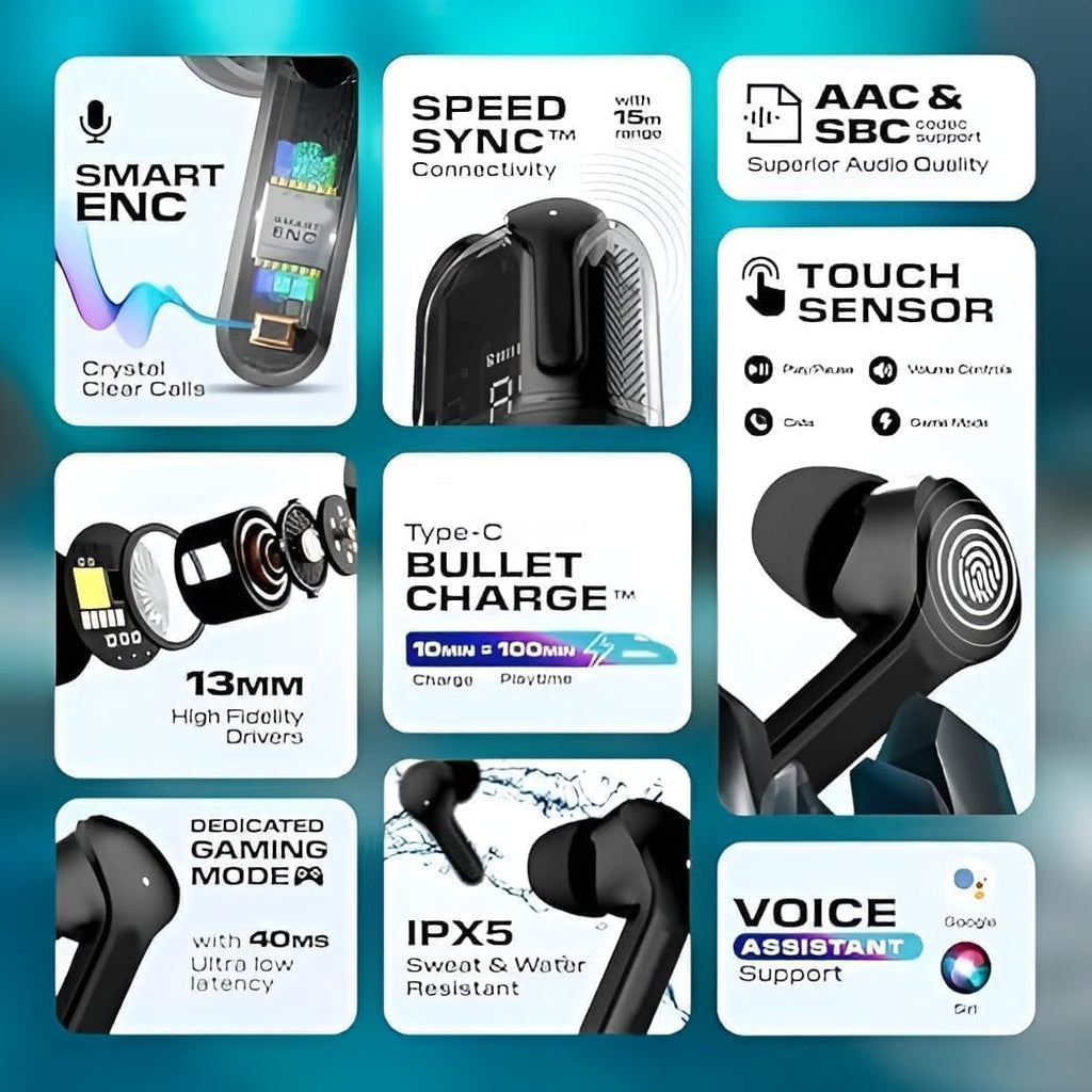 Wireless TWS earbuds in charging case with digital battery display
