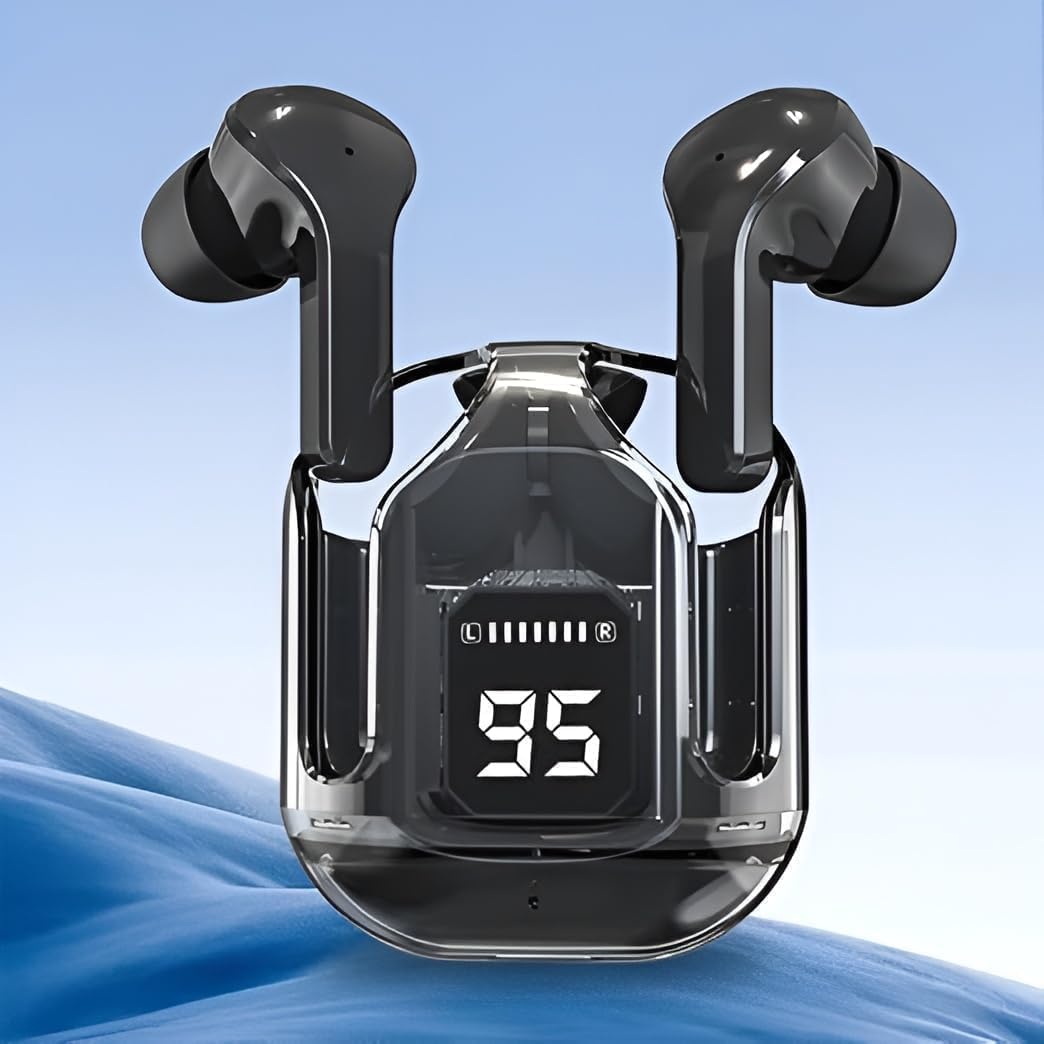 Black in-ear wireless earbuds with digital charging case