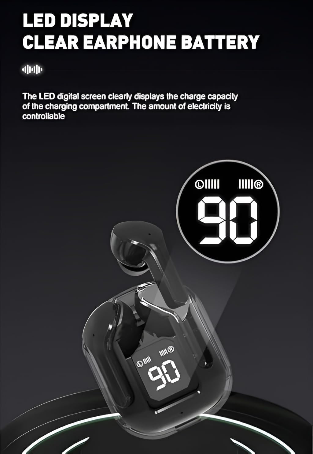 Black wireless TWS earbuds with charging case and digital battery display