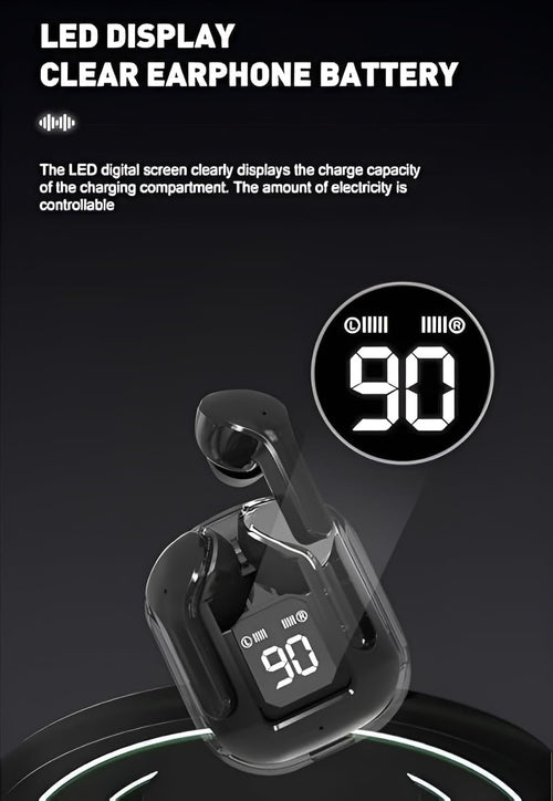 Black wireless TWS earbuds with charging case and digital battery display