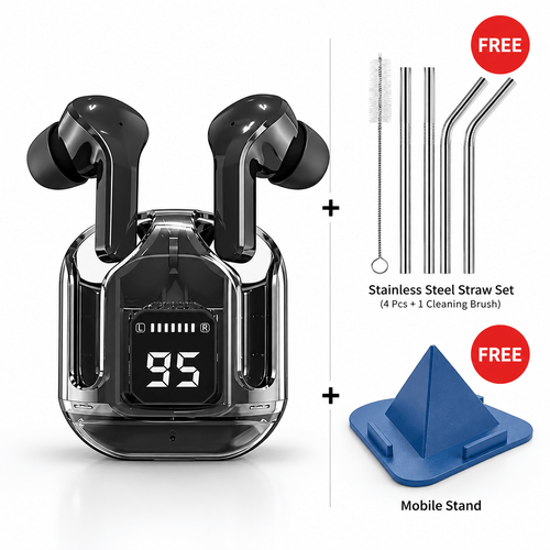 Wireless earbuds with free stainless steel straw set and mobile stand